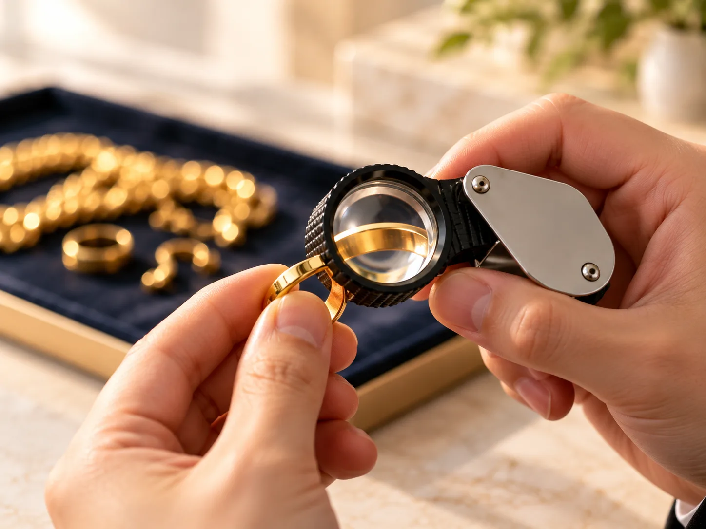 用放大鏡近看金戒指內圈